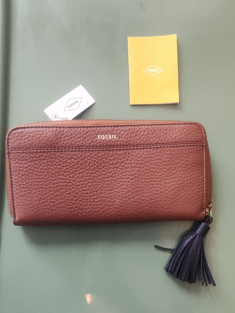 Fossil Chestnut Pebbled Leather Zip Wallet with Tassel